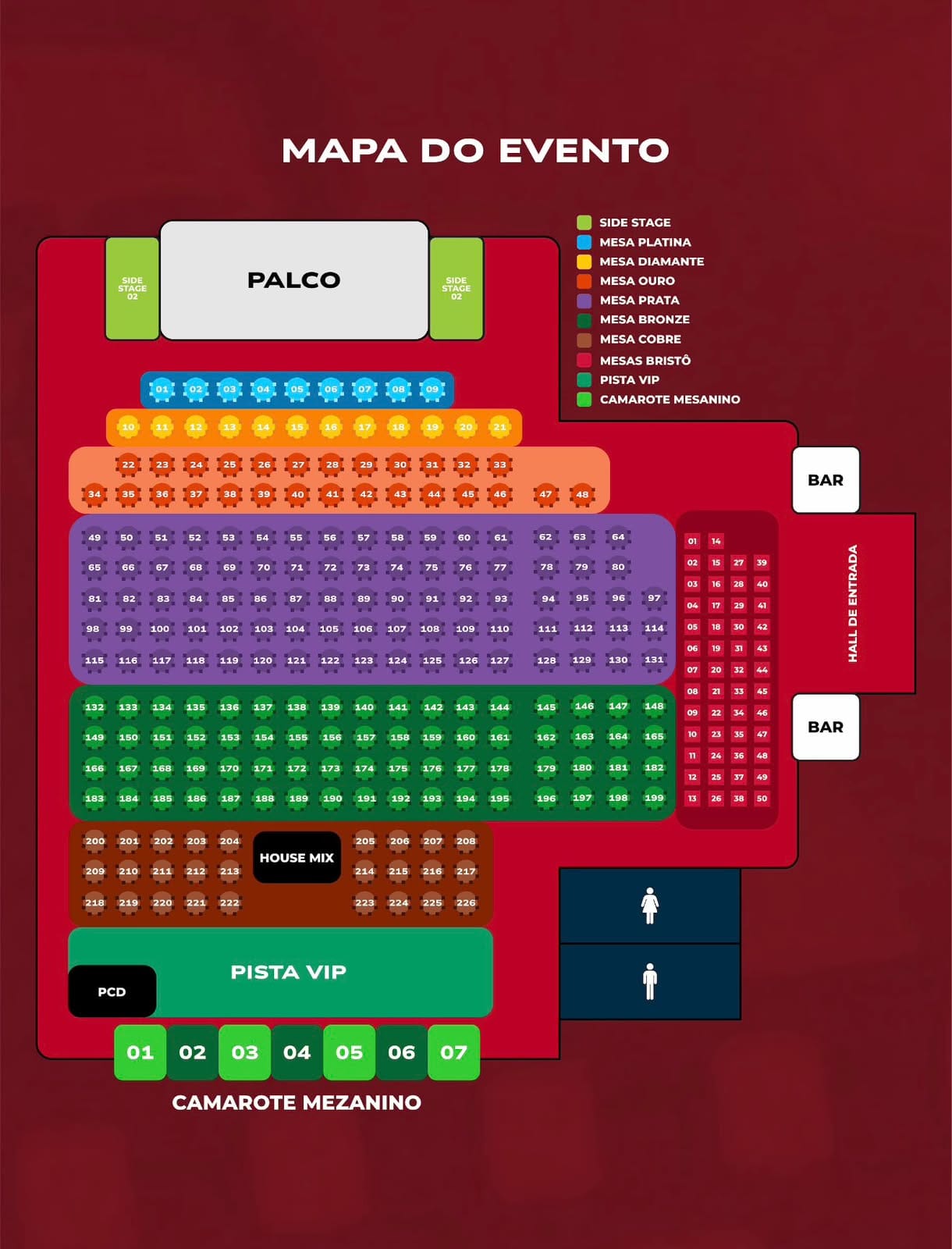Mapa do evento Bruno & Marrone em Joinville: palco, side stages, mesas Platina, Diamante, Ouro, Prata, Bronze, Cobre, Bistrô, Pista VIP e Camarote Mezanino